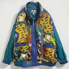 90s 総柄ナイロンジャケット 王冠柄 レトロ オーバーサイズ ゆるだぼ