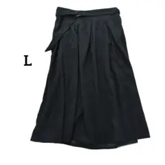 スカート　ひざ丈　スエード　フレア　ブラック 　ベルト付き　レディース　L