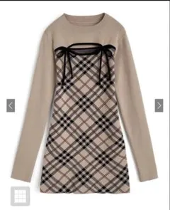 新品　チェック柄フロントオープンリボンニットミニワンピース[ru1372]
