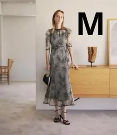 花柄リボンパフスリーブマーメイドワンピースドレスM 結婚式二次会成人式パーティー