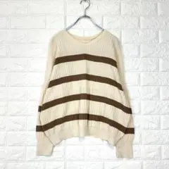 s1213☆ナル【F】ベージュ系×茶色 ボーダー ニットプルオーバー Vネック