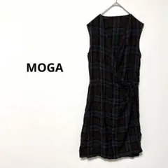 MOGA モガチェック柄 カシュクール ワンピース　ブラウンネイビー 日本製のサムネイル