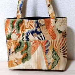 H―6　帯リメイクトートバッグ　吉祥文様 (松・扇）帯バッグ　ハンドメイド