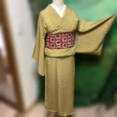 正絹　黄土色　小紋　美品　幾何学模様　江戸小紋