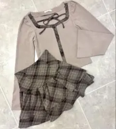 evelyn チェックカットセットアップ ピンクブラウン