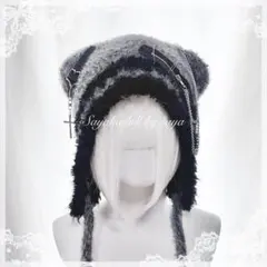 ‪♡ サブカル系 十字架 チェーン付き 熊耳ニット帽 gray ‪♡