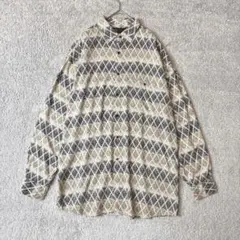 総柄長袖シャツ　ダイヤモンドパターン　ネイビー×ベージュ　オーバーサイズ