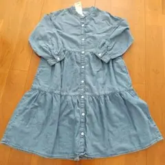 新品 ジーユー 長袖 ティアードシャツワンピース　デニム ブルー 120cm