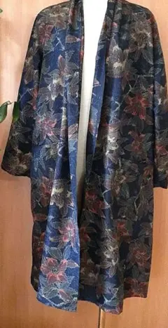 着物リメイク　大島紬からマフラーカラーの一重コート　フリーサイズ