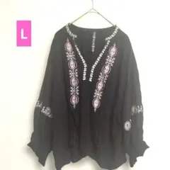 【グローバルワーク】刺繍入り チュニック ブラック ×ピンク長袖 Lサイズのサムネイル