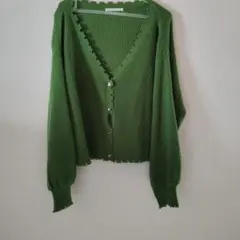 グリーン ニットカーディガン ダメージ加工