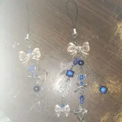 ハンドメイド　青　ビーズストラップ　２点セット