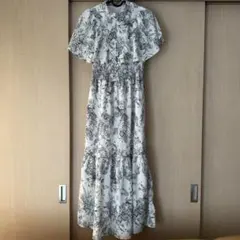DAZY Kpop 植物プリント フリル裾 ドレス ホワイト 水色