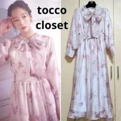 美品❤トッコ　ウエストシャーリングボウタイリボンシアー花柄プリントワンピース　M