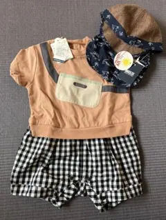 オレンジ トップス チェック柄 ショートパンツ 帽子付き