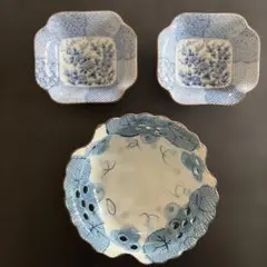 有田焼　龍峰窯 四君子 小鉢2個と　染付透し彫葡萄 菓子鉢