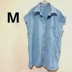ライトブルー Mサイズ ノースリーブシャツ 切りっぱなし 古着