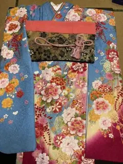 値下げ98000→79000振袖　正絹　古典柄　ブルー　フルセット　長身裄長可