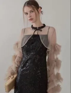 Leja Sサイズ フリルチュールスリーブリボンIラインワンピース