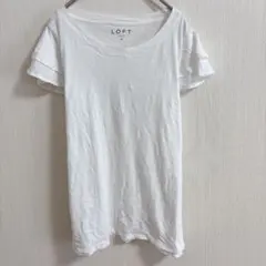 美品 LOFT ロフト Mフリル袖Tシャツ 白 綿100% スラブ 体系カバーのサムネイル