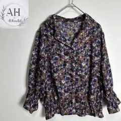 美品【Vintage】　シャツ（半袖）　花　総柄　　紺　ブラウン
