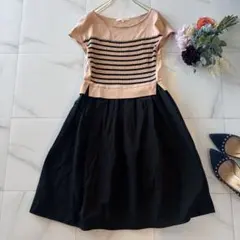 3-102 ANAYI 半袖ワンピース　異素材ベージュ　黒　38