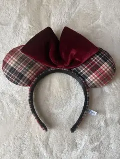 ディズニー　ミニー型カチューシャ チェック柄 ボルドー