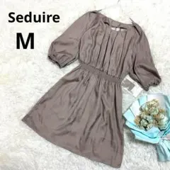 【新品】Seduire ◆ 七分袖ワンピース(M)茶　サテン　光沢　セレモニー