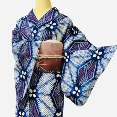 A61有松鳴海絞り高級浴衣 花 綿レディース浴衣単品 居敷当て肩当て付き