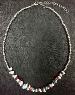 【美品】ナバホ調インディアン色天然石ネックレス ビーズ パールサントドミンゴ古着