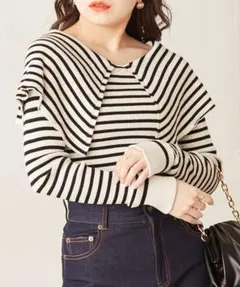 [chico] 2way オフショルセーラーボーダーリブニット　ブラックホワイト