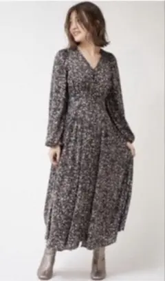 FRAY I.D ヴィンテージナローワンピース 長袖花柄 ブラック