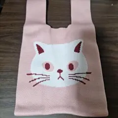 ニットバッグ ミニトート 猫柄 ピンク