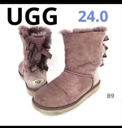 UGG パープル ムートンブーツ 24.0 リボンレースアップ　シープスキン