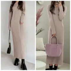 М☆グレイル　前後2way ストレート　リブ　ニットワンピース　ベージュ