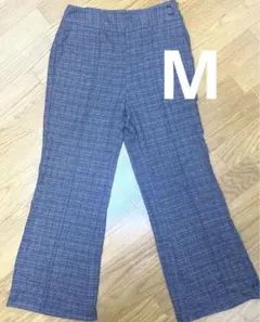 GU グレー ブラウン　チェック柄 ワイドパンツ M