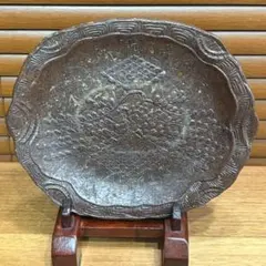 極希少・大型】昭和レトロ 楕円松皮水盤 陶器製 ブラウン 花器 盆栽鉢 