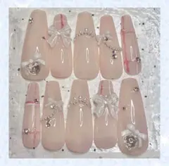 量産型　ガーリー　リボン　ネイルチップ／ロング⑧／バレリーナ型（標準サイズ）