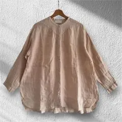美品23区 LIBECO 麻100% バンドカラーキーネックシャツ スパンコール 