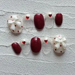 赤ドットリボン フレンチガーリー ネイルチップ