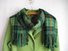 マフラー　ストール　グリ－ン　チェック柄　フリンジ付き　ウール　防寒