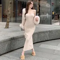 ニットワンピ　ファーカーデセット