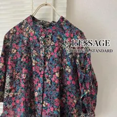 美品】L'ESSAGE タックスリーブシャツ 小花柄 ブラウス ネイビー系