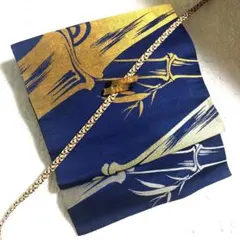 アンティーク正絹名古屋帯　青に金銀・メタリックグリーンの￼竹模様