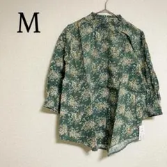 ダブルガーゼ 七分袖 ブラウス 総柄 花柄 グリーン系 M 綿100 カットソー
