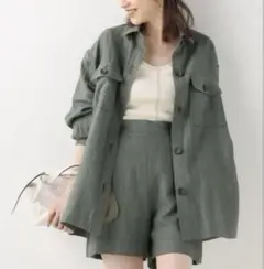 Spick & Span ヘリンボーン シャツ ジャケット カーキ