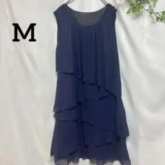 【M】ネイビー シフォン ノースリーブワンピース ティアード フォーマル 結婚式