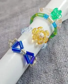 ●ビーズリング４点set【青いリボン】