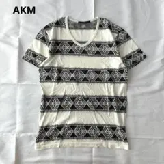 AKM オリジナル トライバル ボーダー Vネック Tシャツ コットンのサムネイル