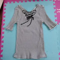 LOWRYS FARM ストライプ レースアップ 半袖Tシャツ　Мサイズ